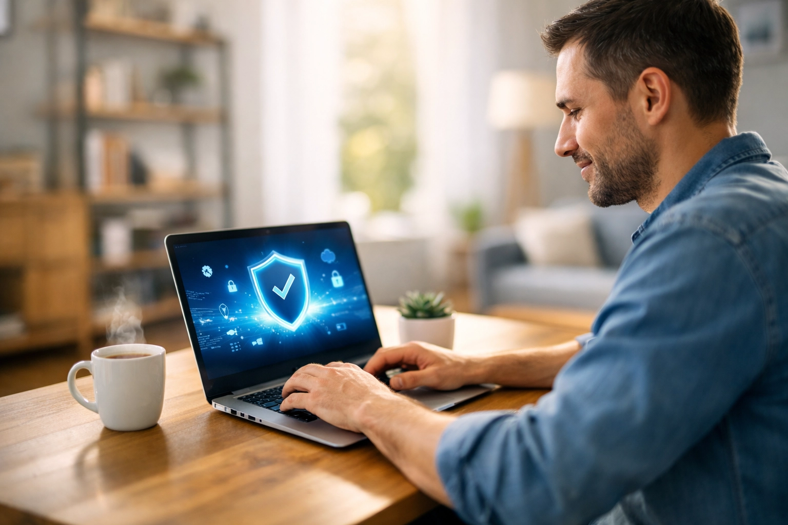 A person working productively on a clean, secure laptop in a bright home office setting.