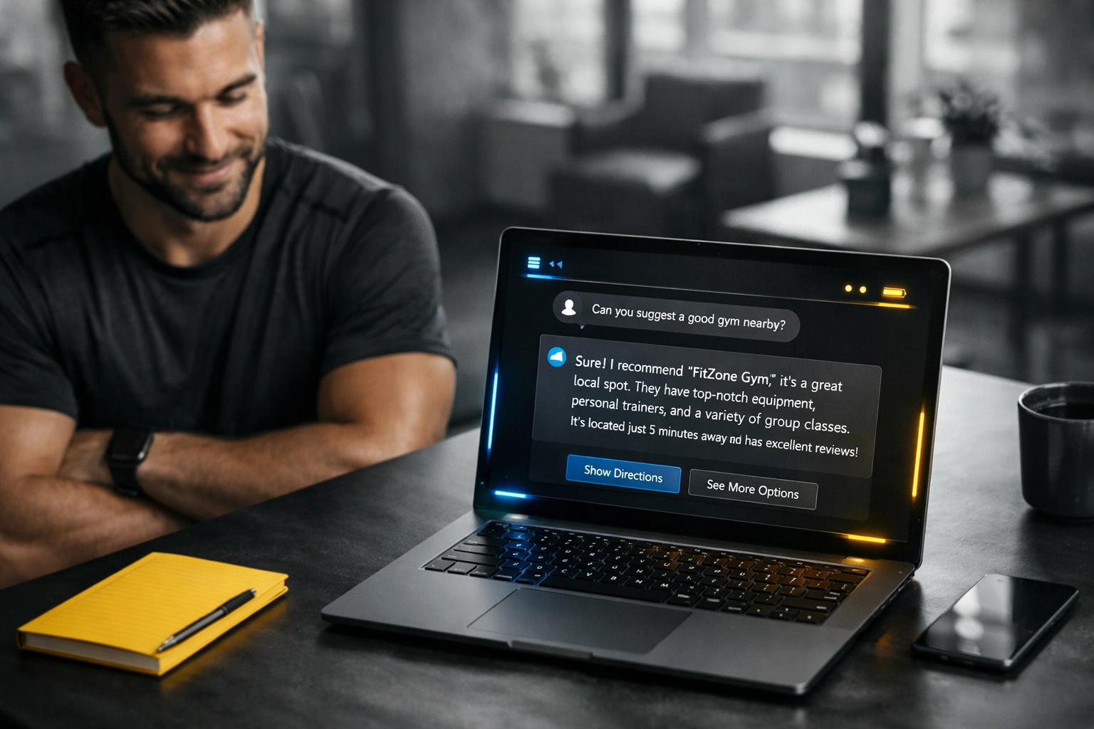 Gym owner using AI search tools to improve local fitness business marketing and lead generation.