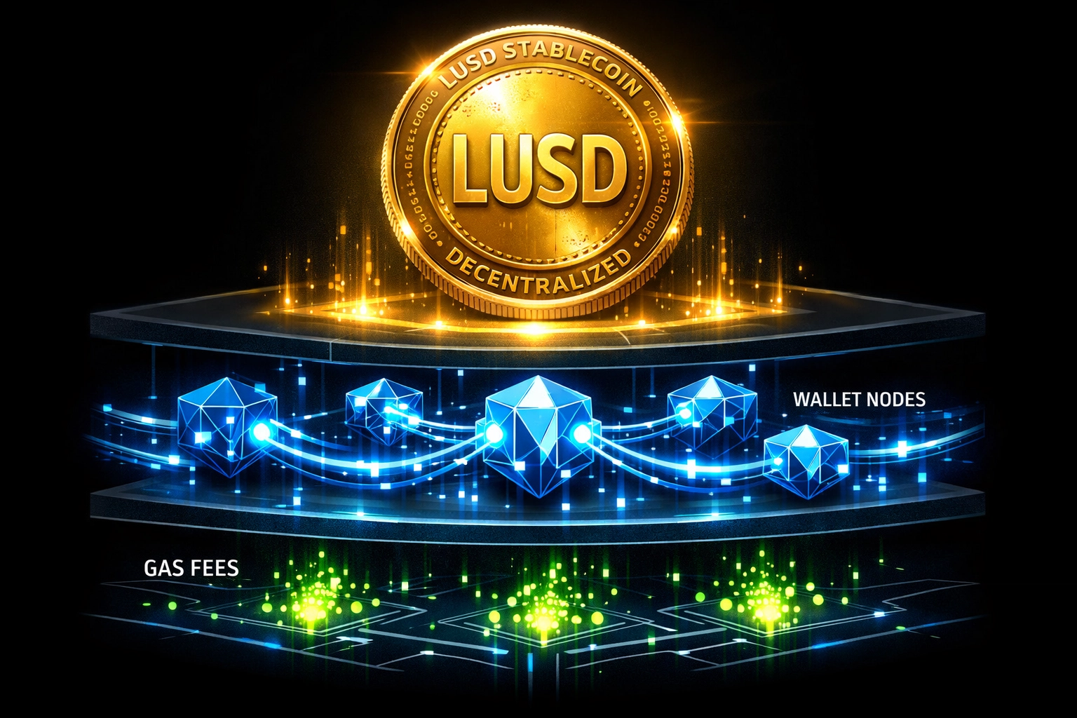 LUSD stablecoin blockchain transaction flow showing wallet nodes and gas-only transfer fees