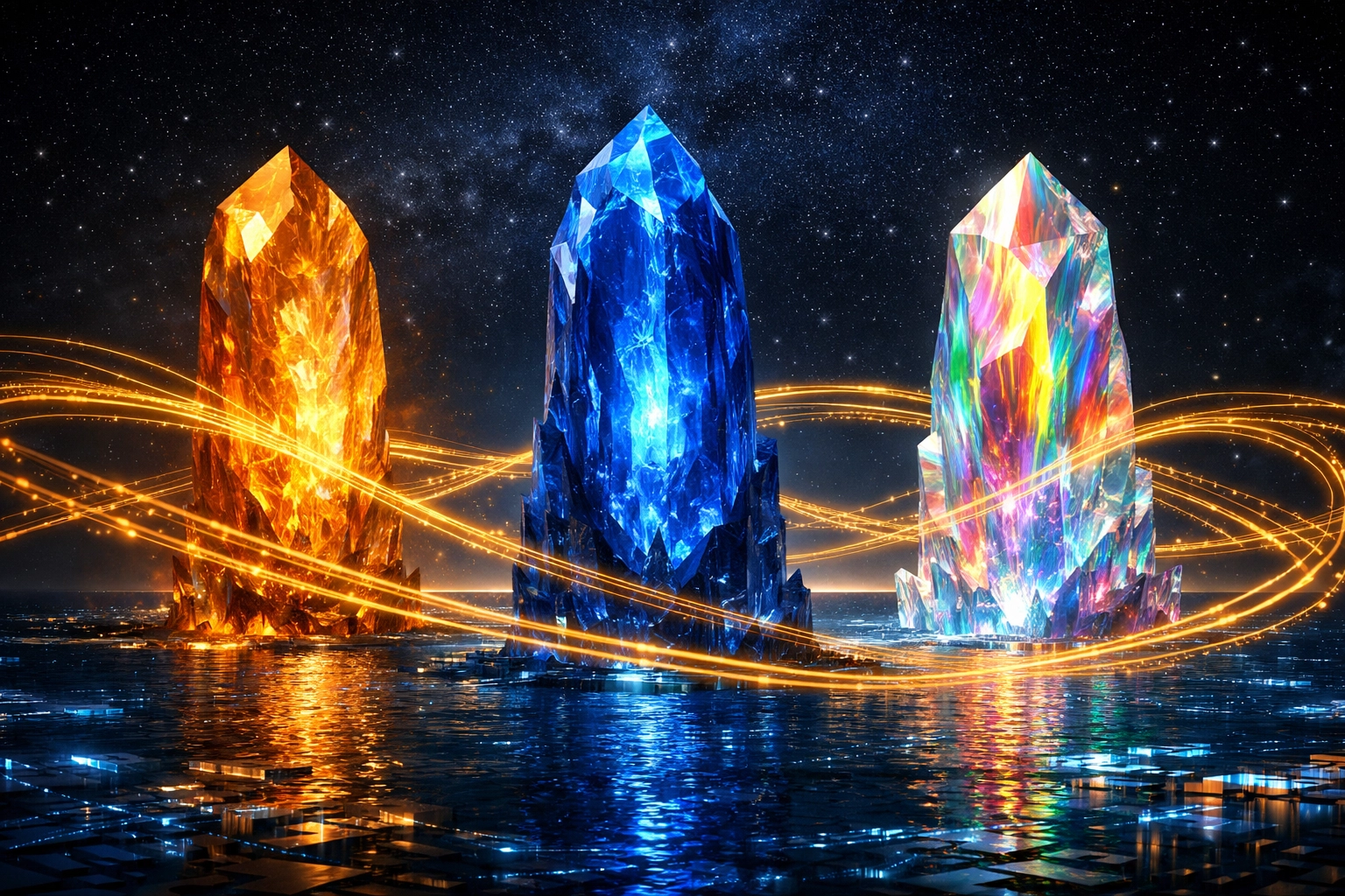 Three glowing monoliths representing AWS, Microsoft Azure, and Google Cloud in a futuristic digital ecosystem.