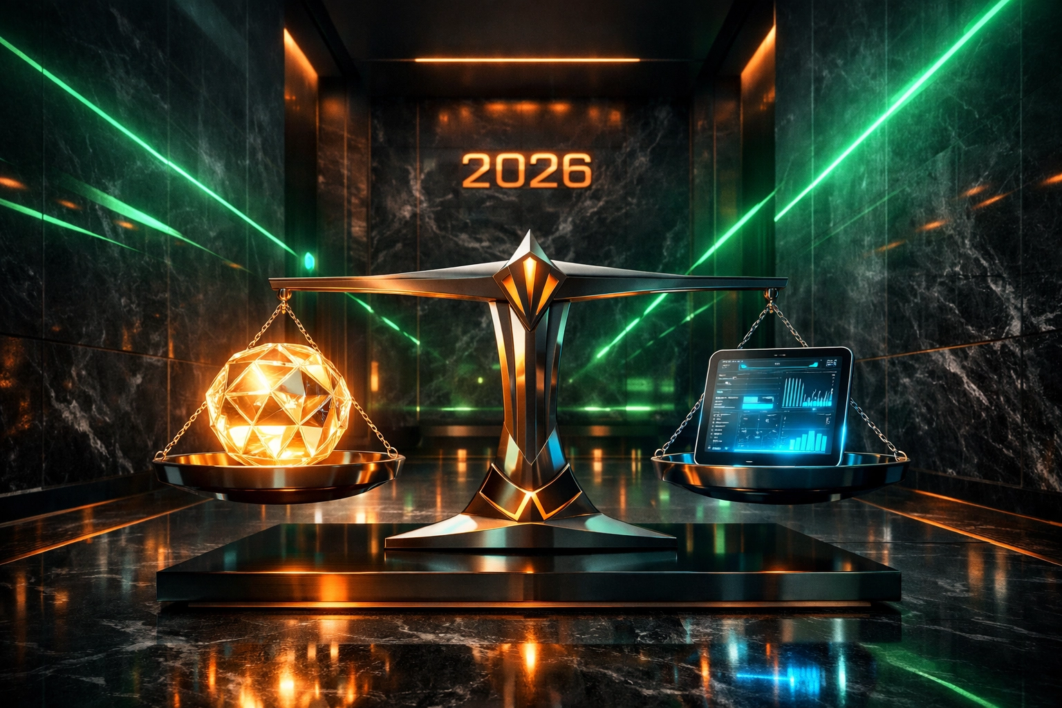 Balanced scales in a futuristic hall symbolizing the CLARITY Act and regulatory certainty for digital commodities.