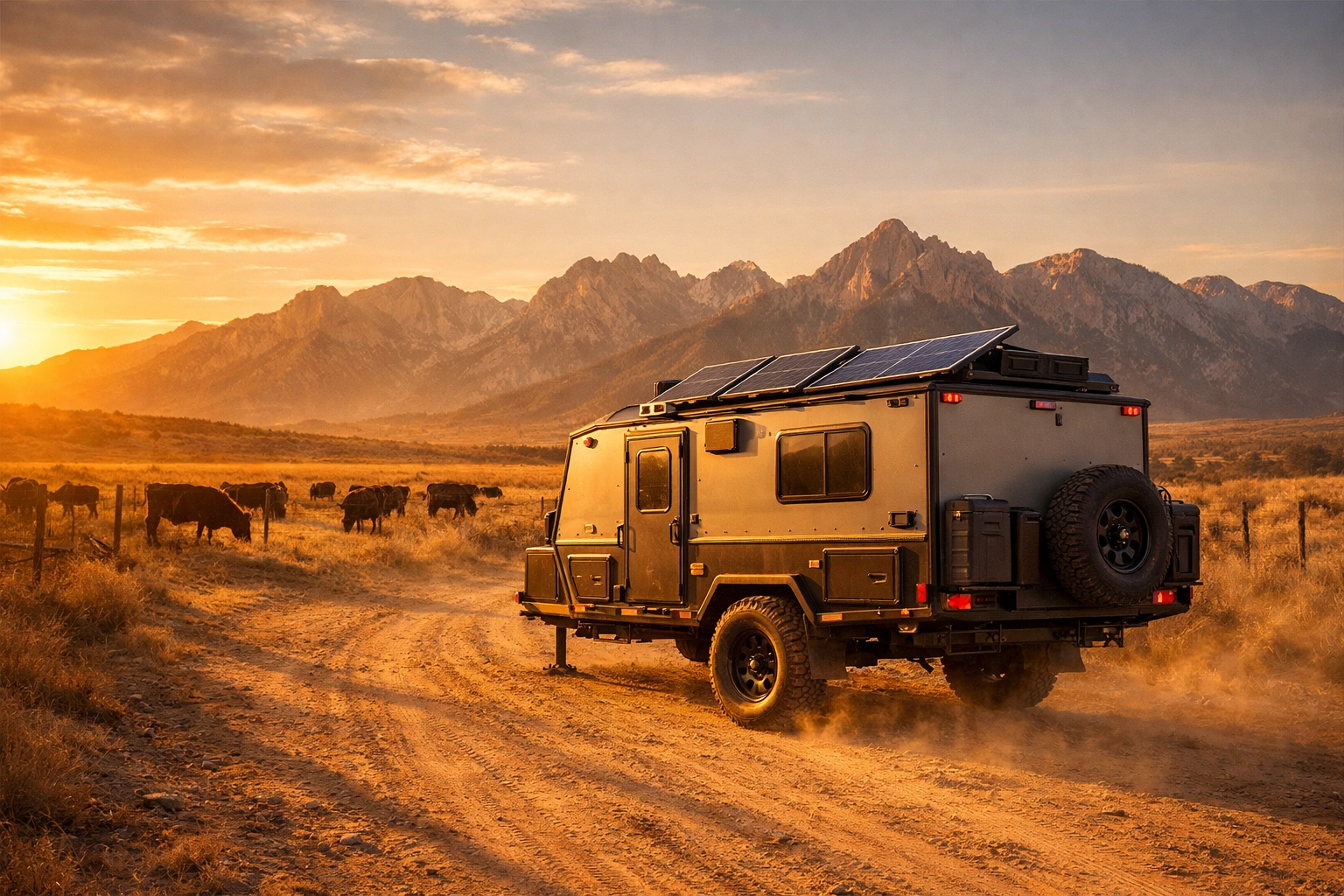 Off-road RV with solar panels parked on dusty ranch road with grazing cattle and mountains