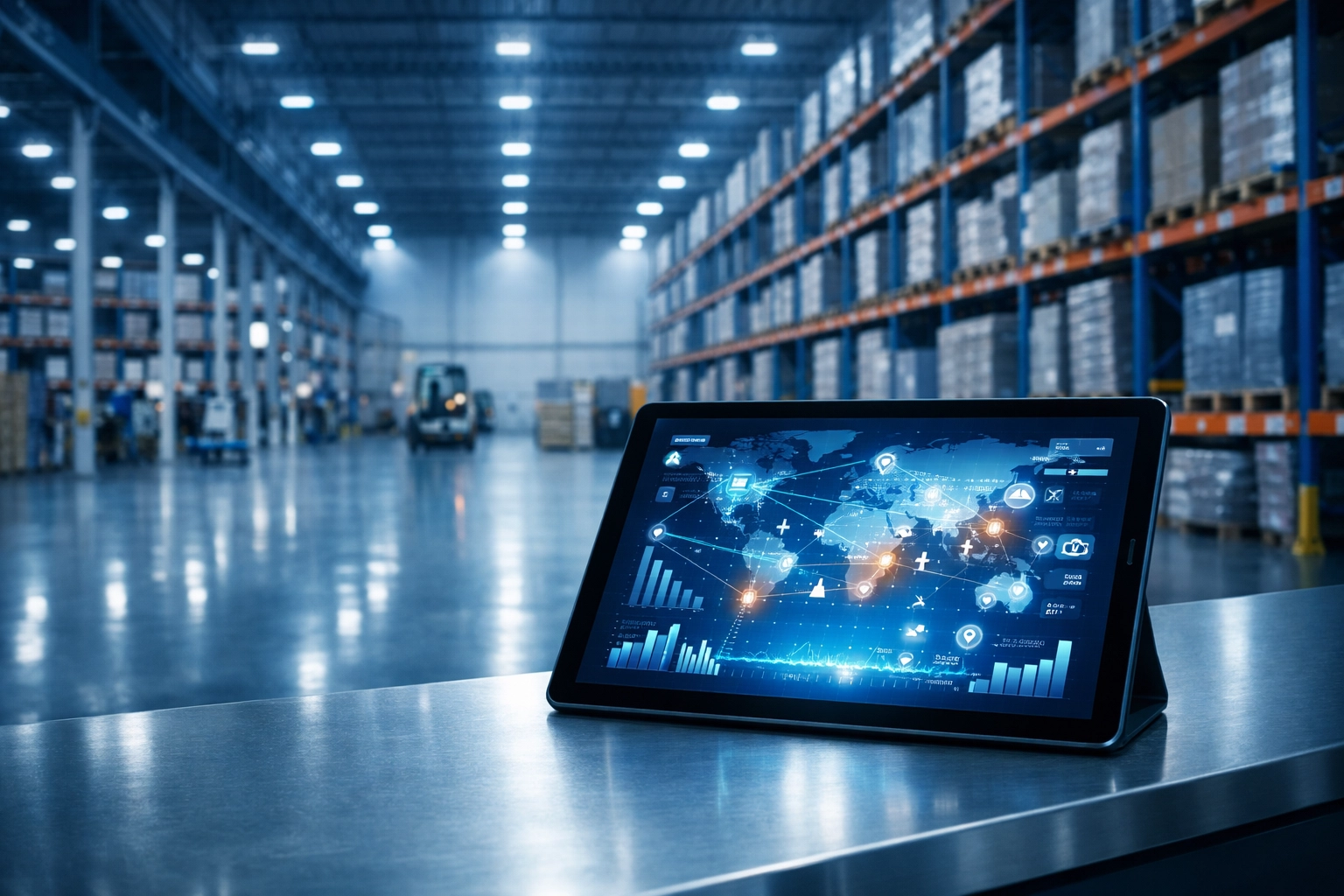 Modern 3PL Florida warehouse showing digital supply chain management on a tablet.