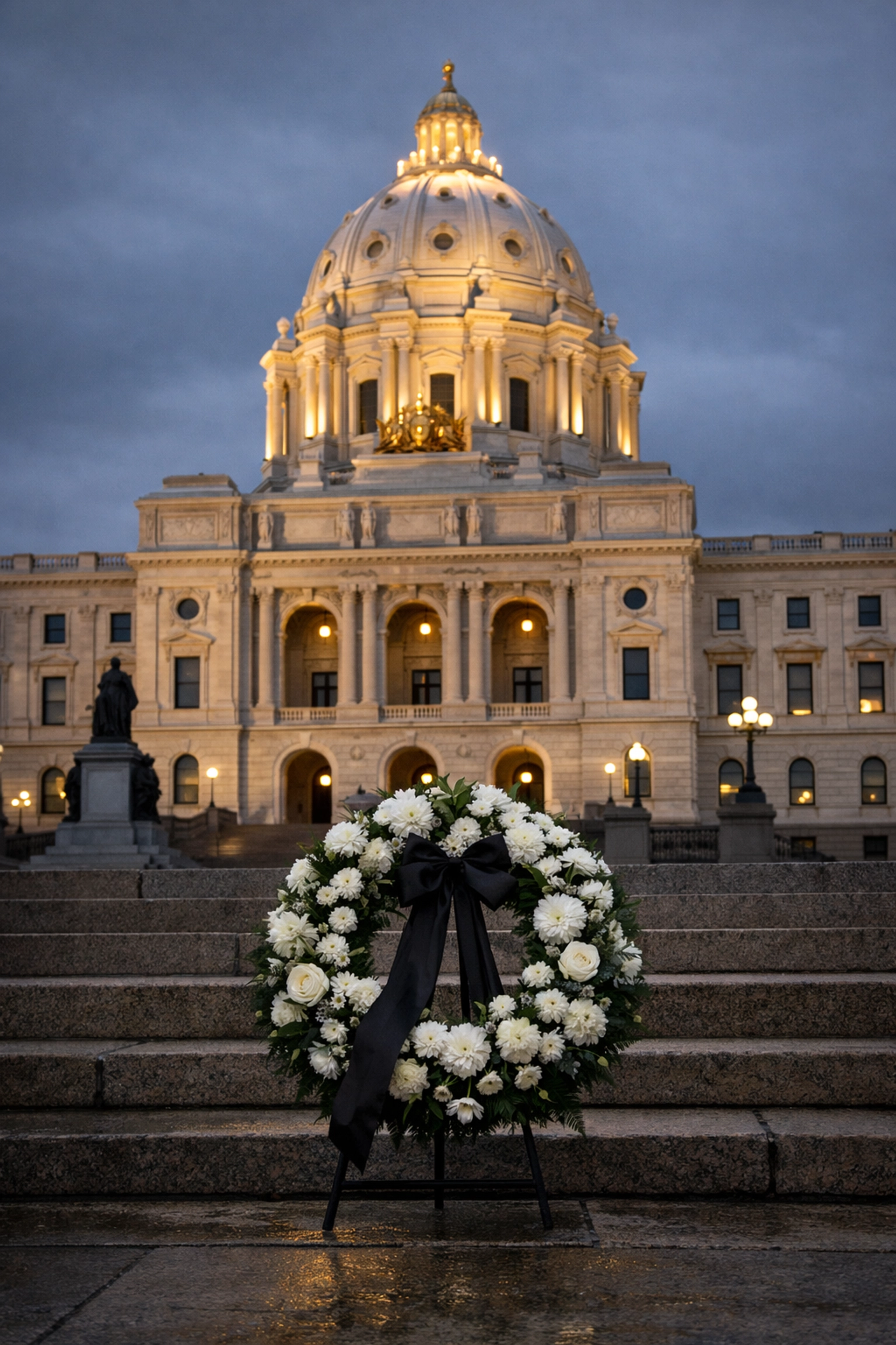 Minnesota State Capitol building with memorial wreath honoring fallen leaders