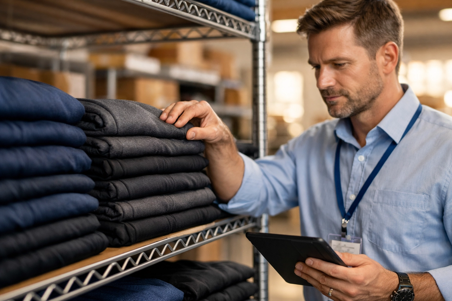 Apparel fulfillment services specialist inspecting organized clothing variants in a high-SKU warehouse.