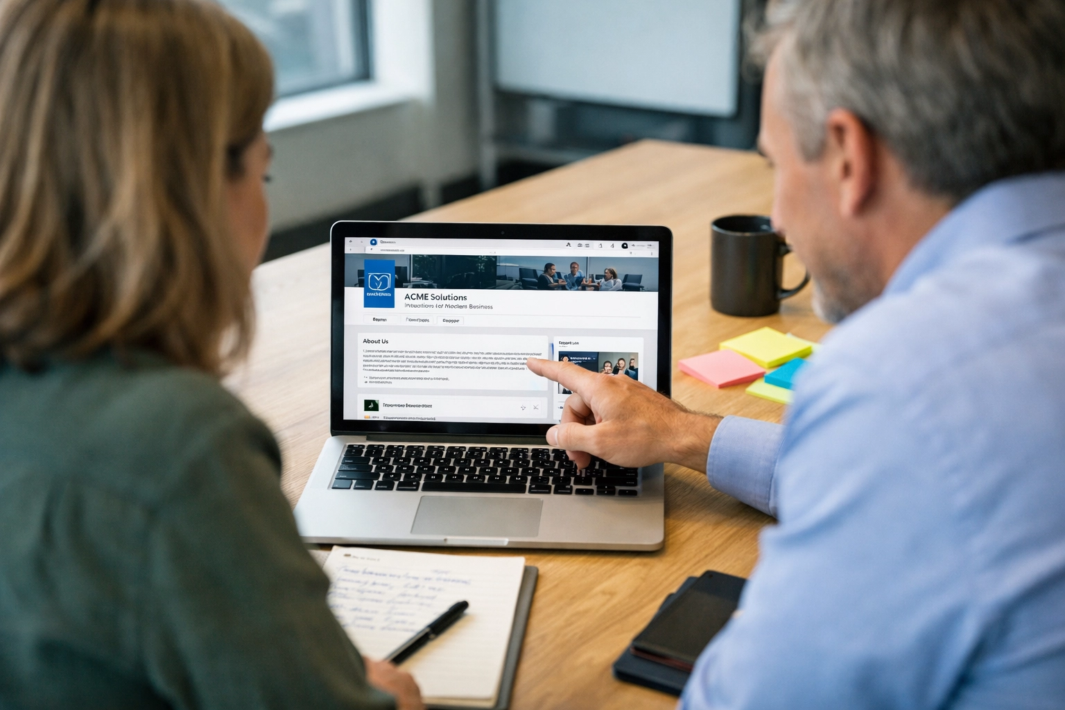 A candid office moment: reviewing a LinkedIn company page on a laptop with notes on the table.