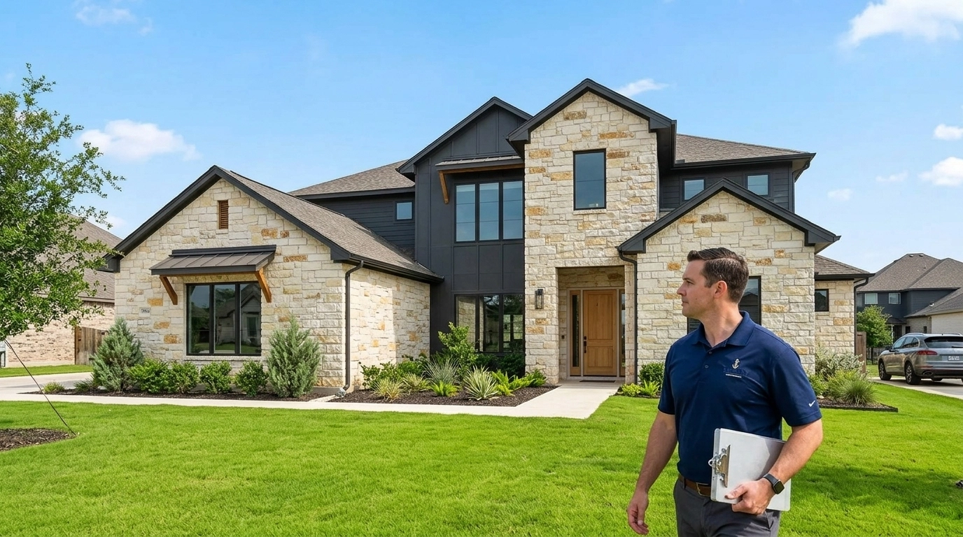 A professional home inspector approaching a newly built modern home in San Antonio, highlighting the need for expertise even in new construction.
