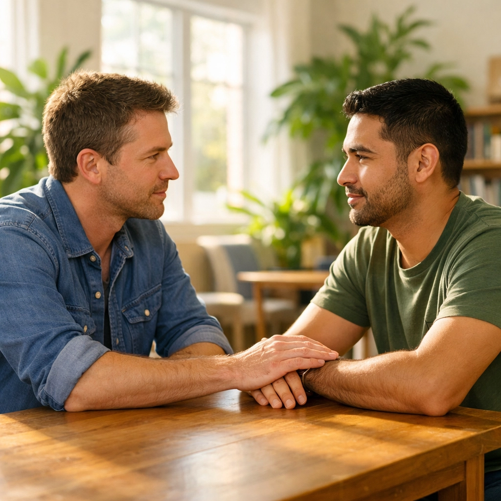 Two men in a sun-drenched room sharing a supportive conversation about recovery and community healing.
