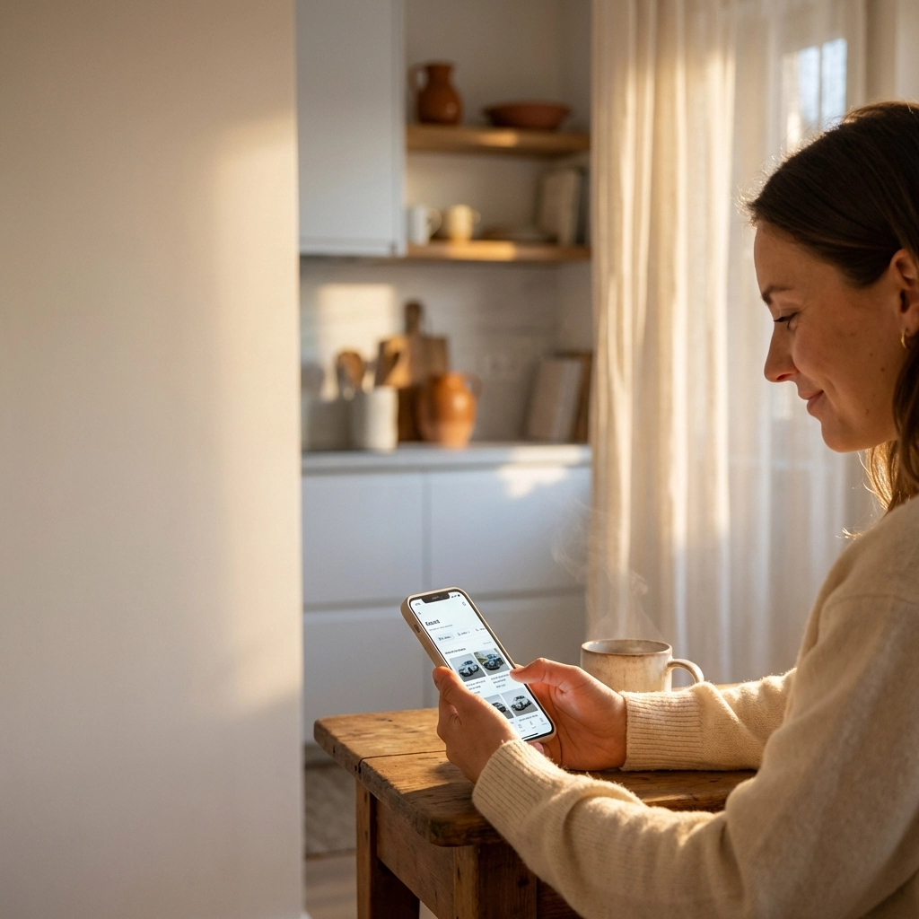 Woman comparing car shopping apps on her phone at home, confident after finding trusted AI-powered car buying options