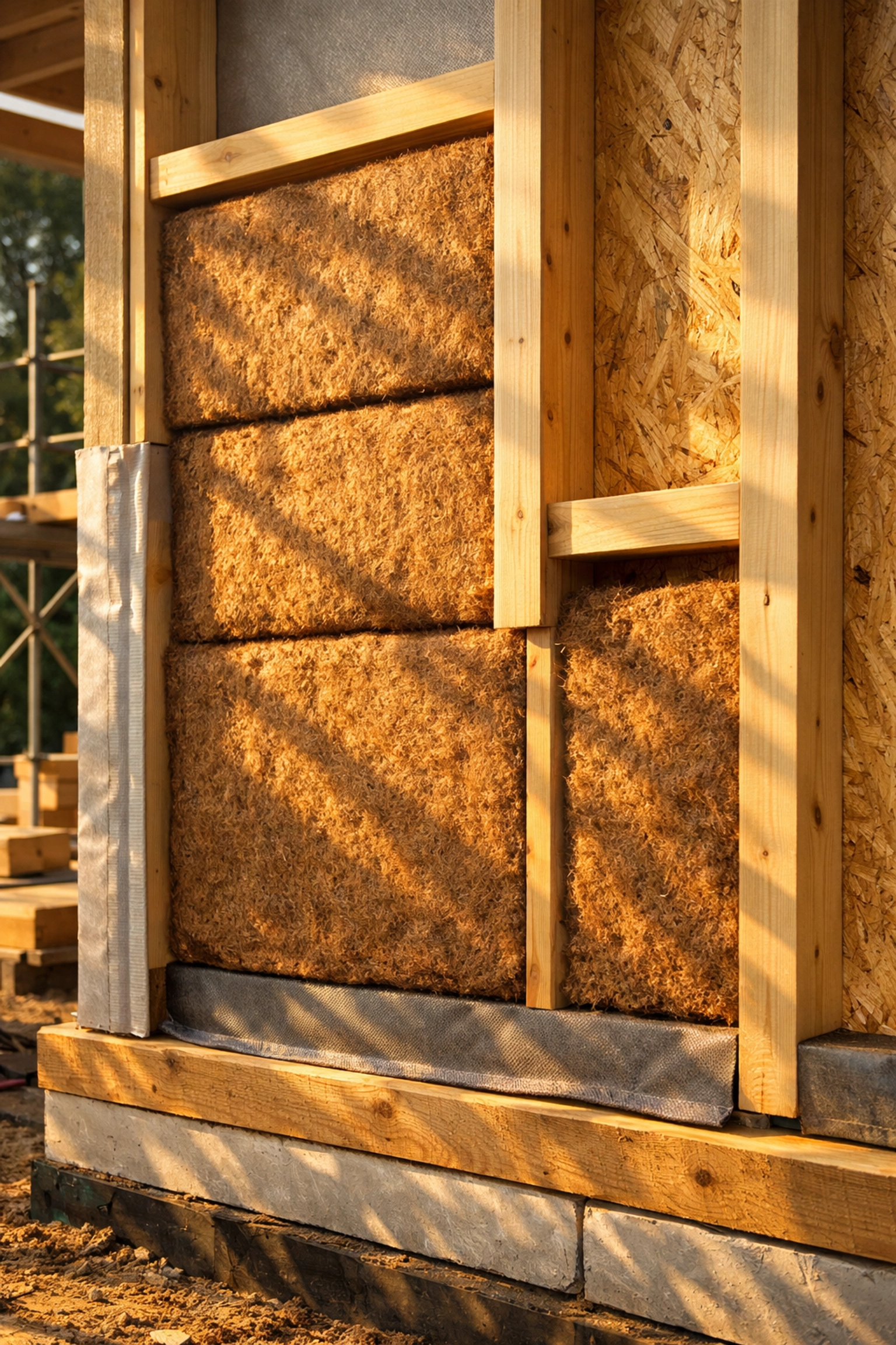 Breathable wood-fibre insulation installed in a West Sussex house extension timber frame.