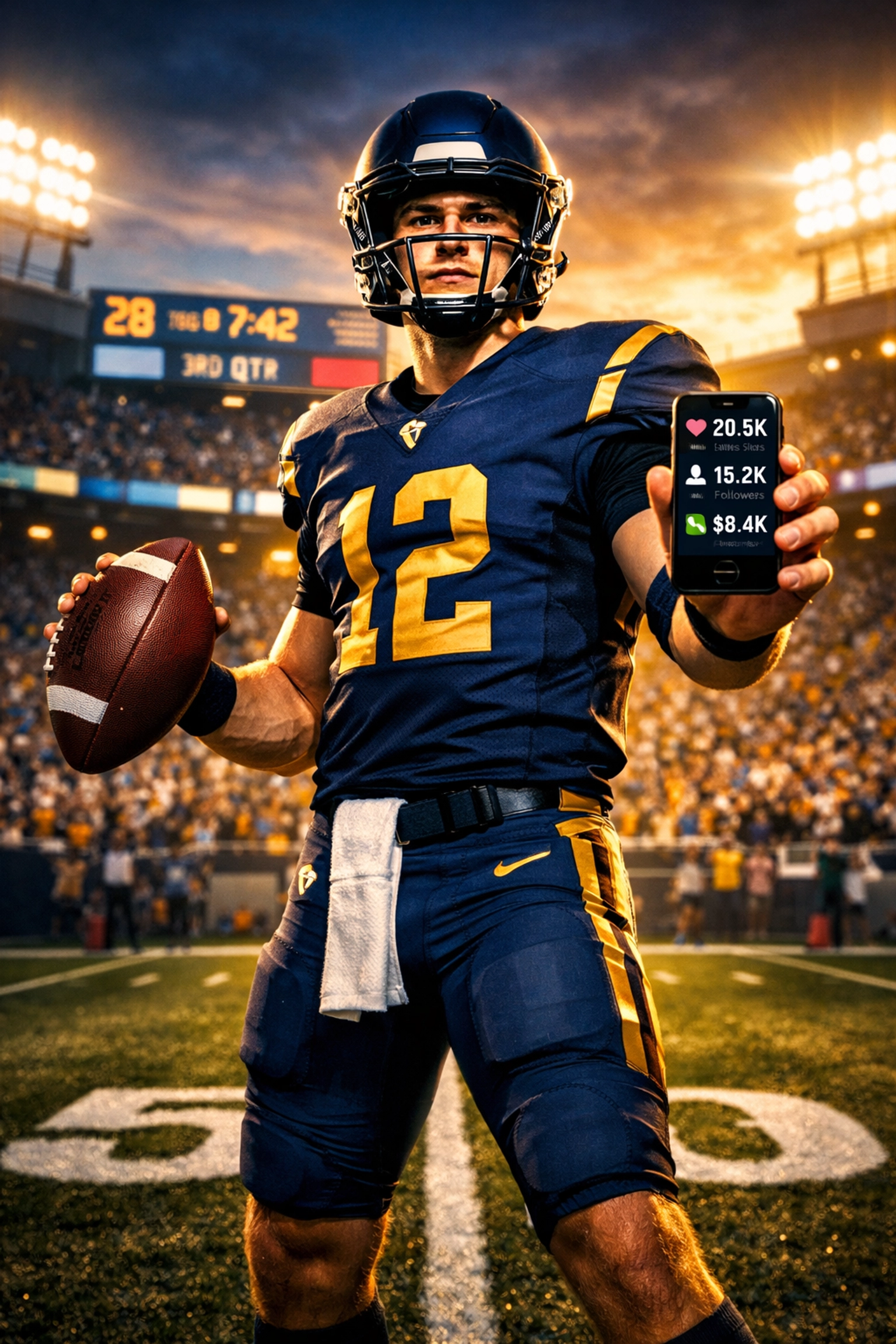 NIL athlete college quarterback with football and smartphone managing personal brand at stadium