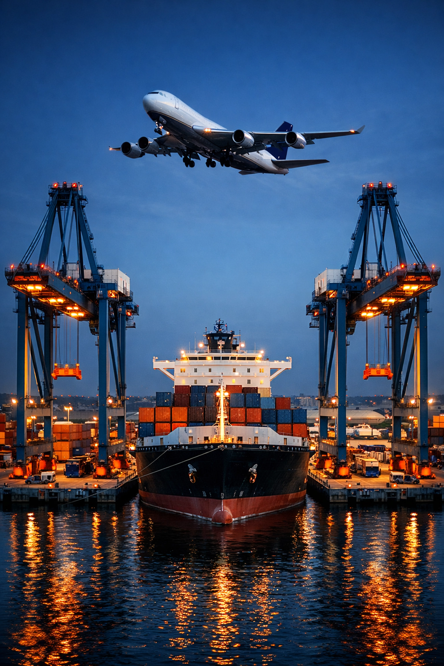 3PL Miami multi-modal transport hub featuring a cargo ship and aircraft for global freight forwarding.