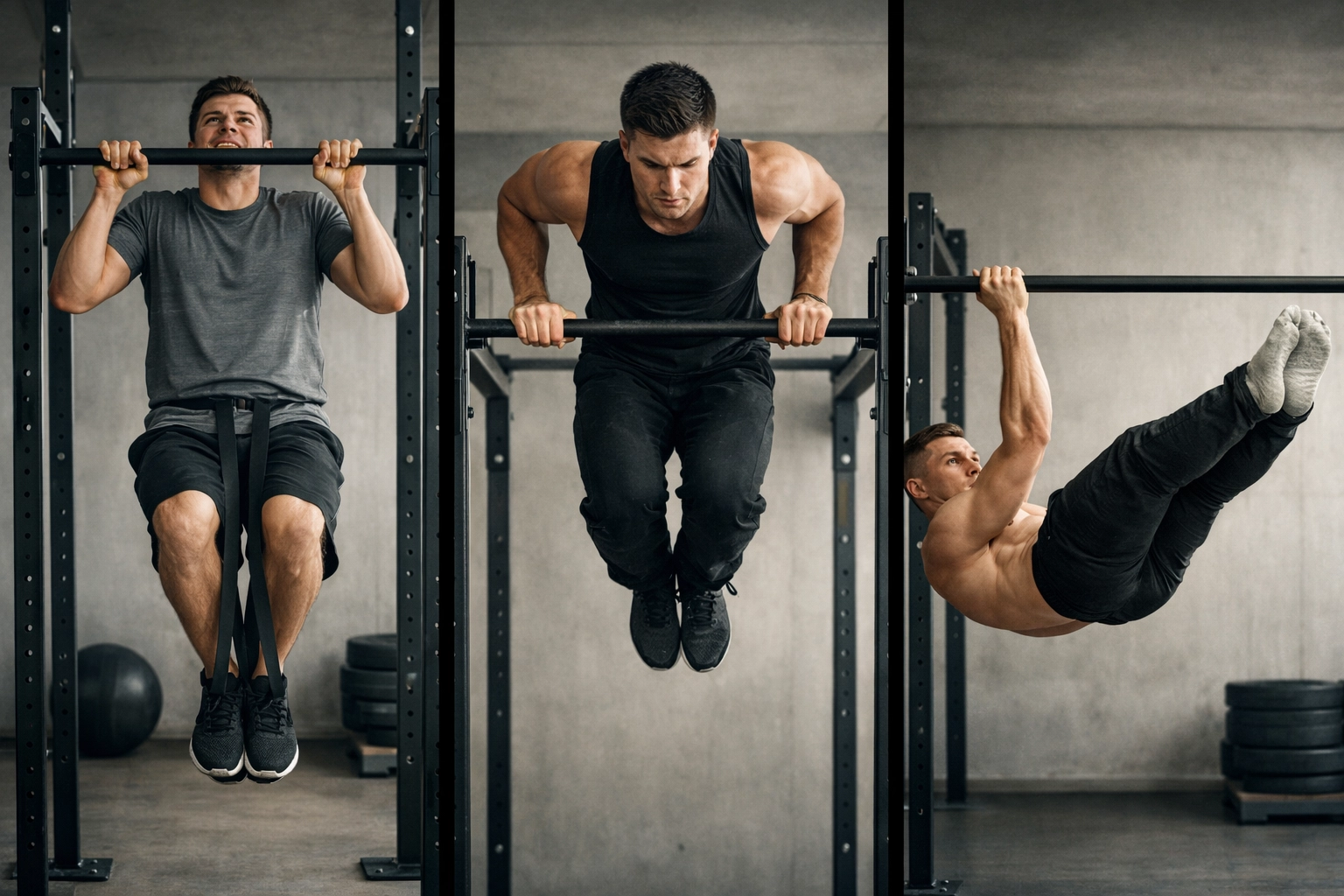 Bodyweight training progression from assisted pull-ups to advanced muscle-up and front lever