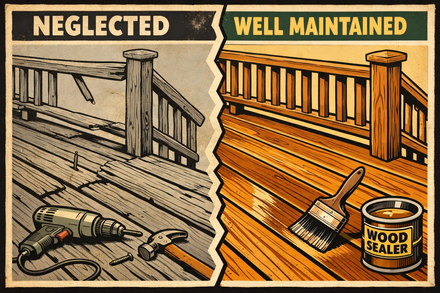 Before and after deck repair showing winter damage restoration and professional maintenance