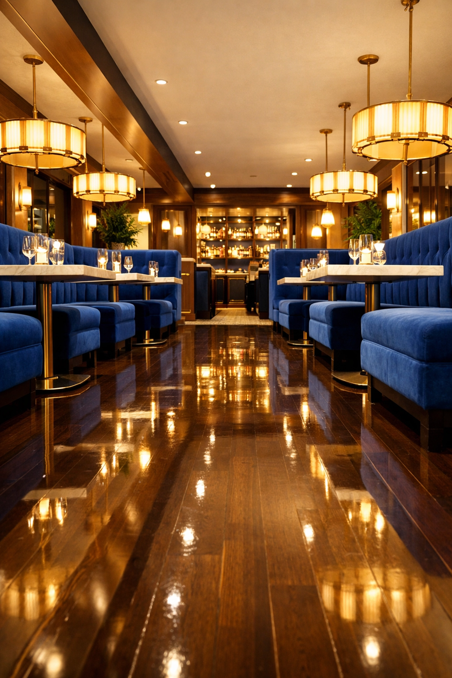 Spotless upscale restaurant dining room in Quincy with professionally polished hardwood floors.