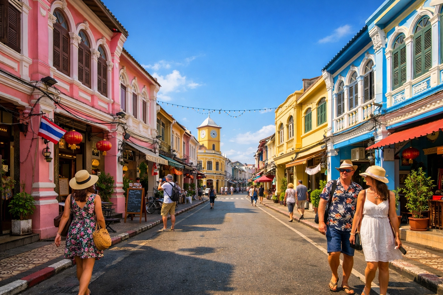 Vibrant historic streets in Old Phuket Town, a popular cultural stop for family holidays in Phuket.