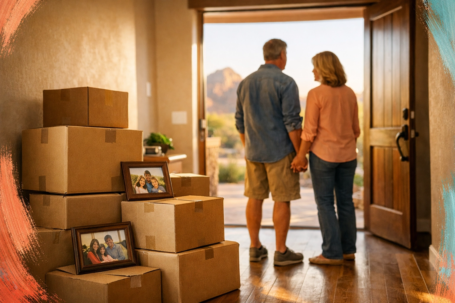 Mature couple with moving boxes in Arizona home doorway during life transition and relocation Mature couple with moving boxes in Arizona home doorway during life transition and relocation