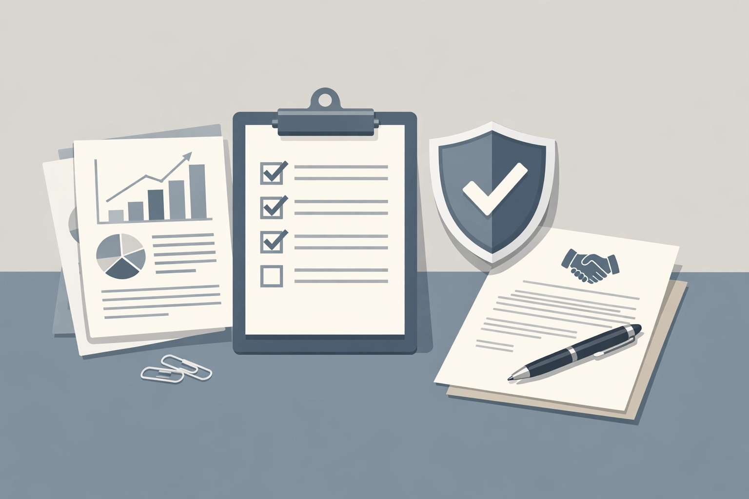 Structured risk reduction in investing: documents, checklist, and loan terms on a desk