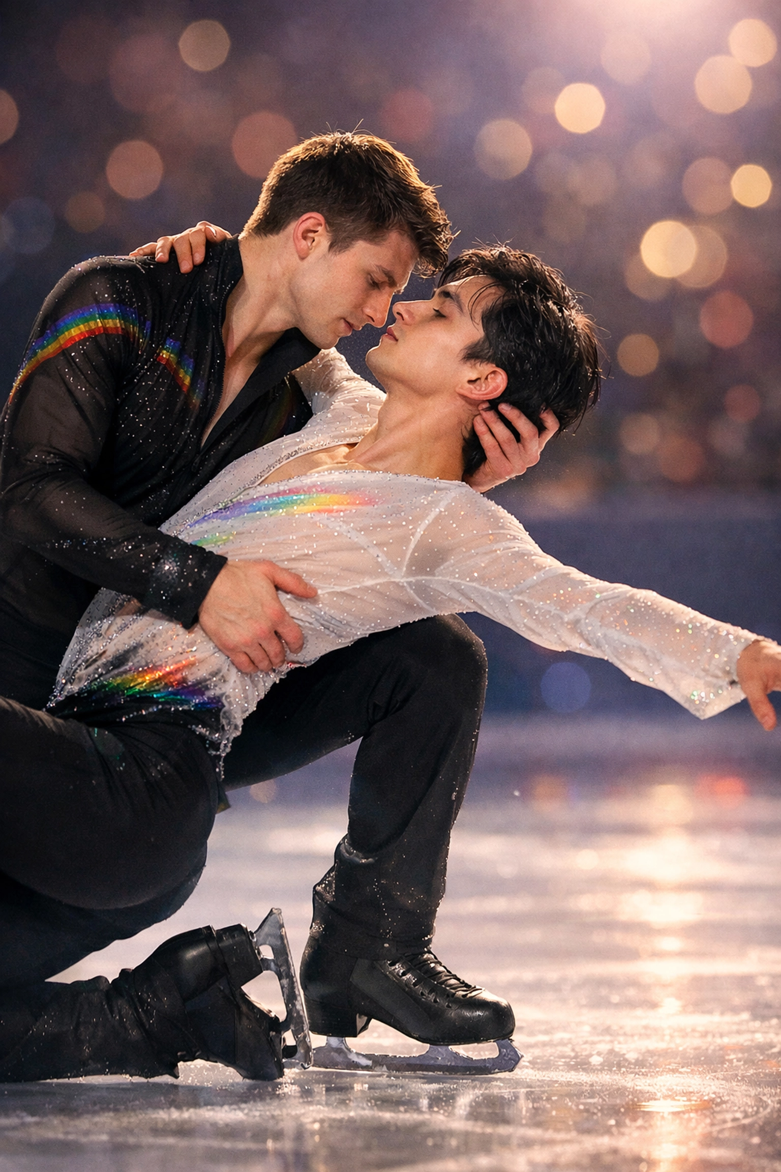 Two male figure skaters in graceful ice dance partnership celebrating LGBTQ+ love and artistry