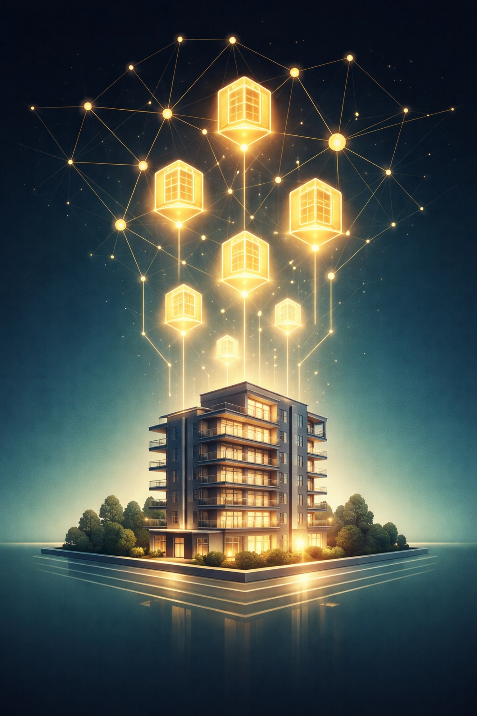 Modern apartment building transforming into blockchain tokens, symbolizing real estate tokenization and digital asset innovation for institutional investors.