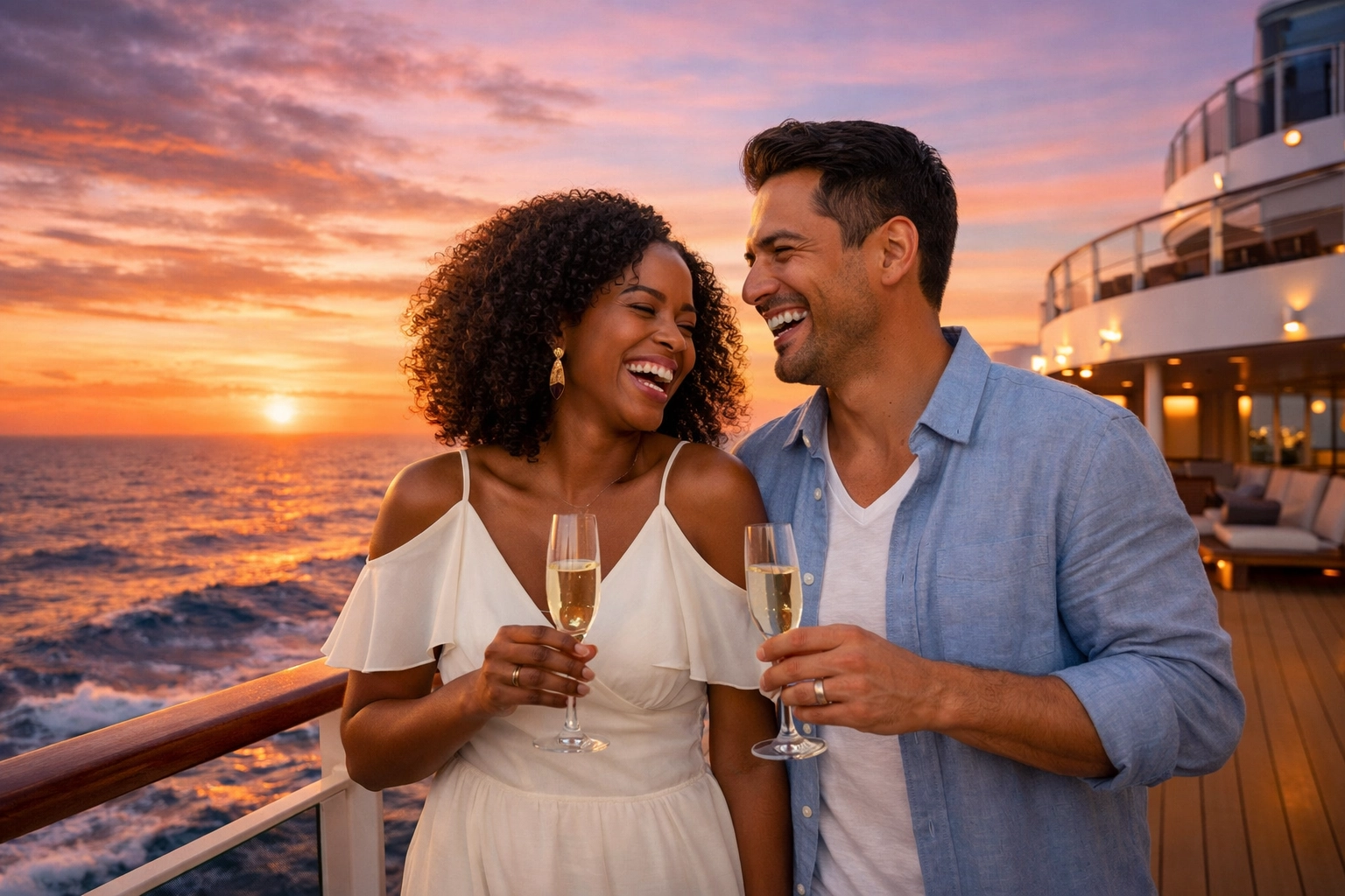Couple enjoying sunset on adults only lifestyle cruise deck with champagne