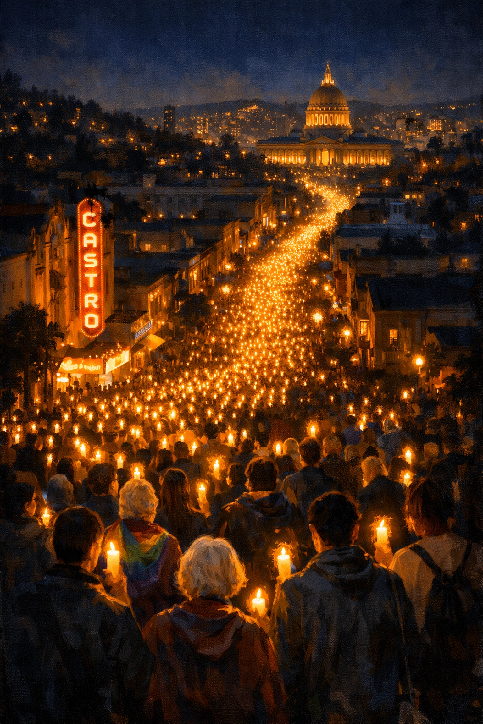 Candlelight vigil march for Harvey Milk through San Francisco streets, LGBTQ+ community mourning