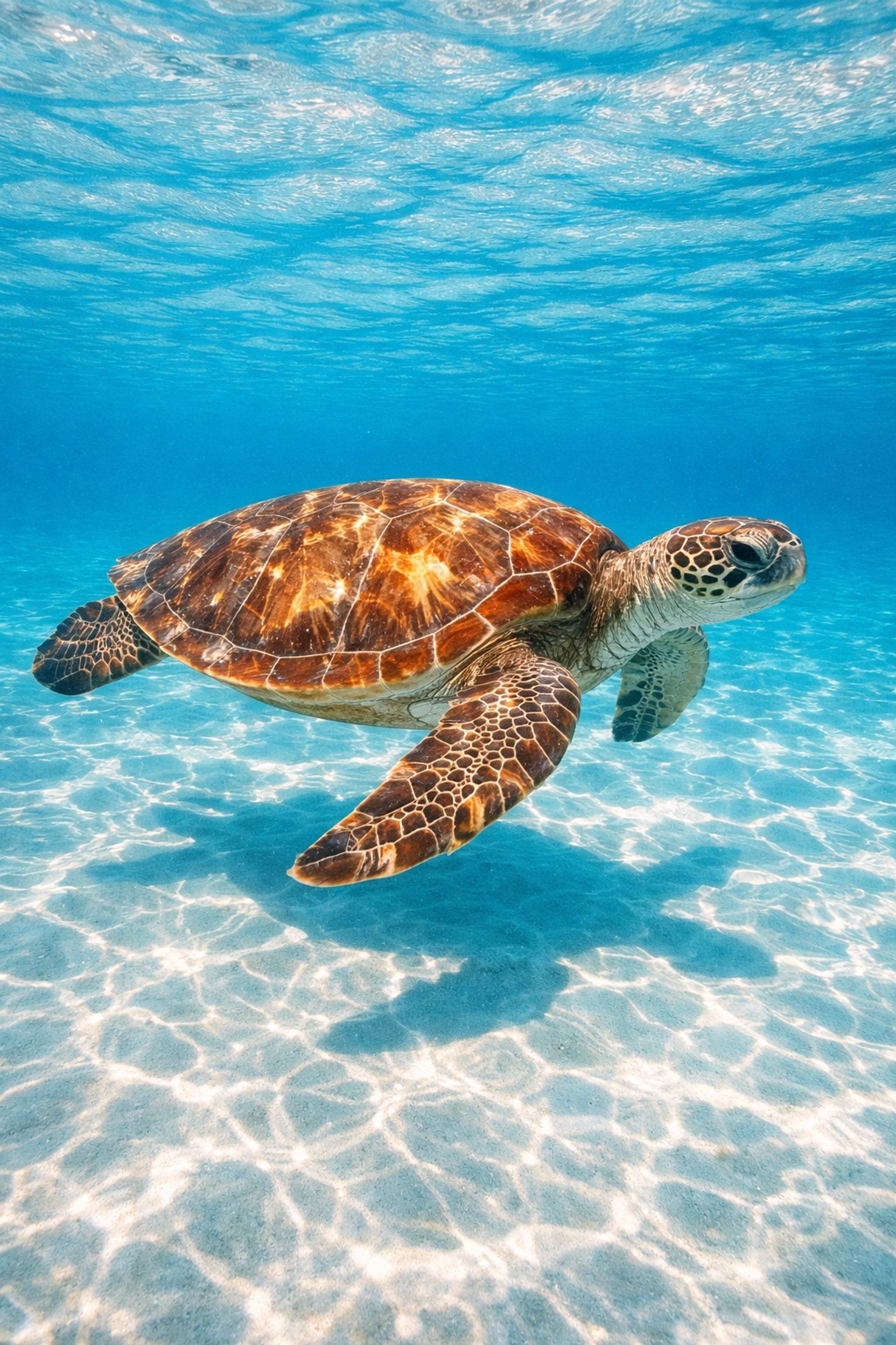 Sea turtle swimming in clear turquoise water as part of a transparent wildlife rehabilitation campaign.