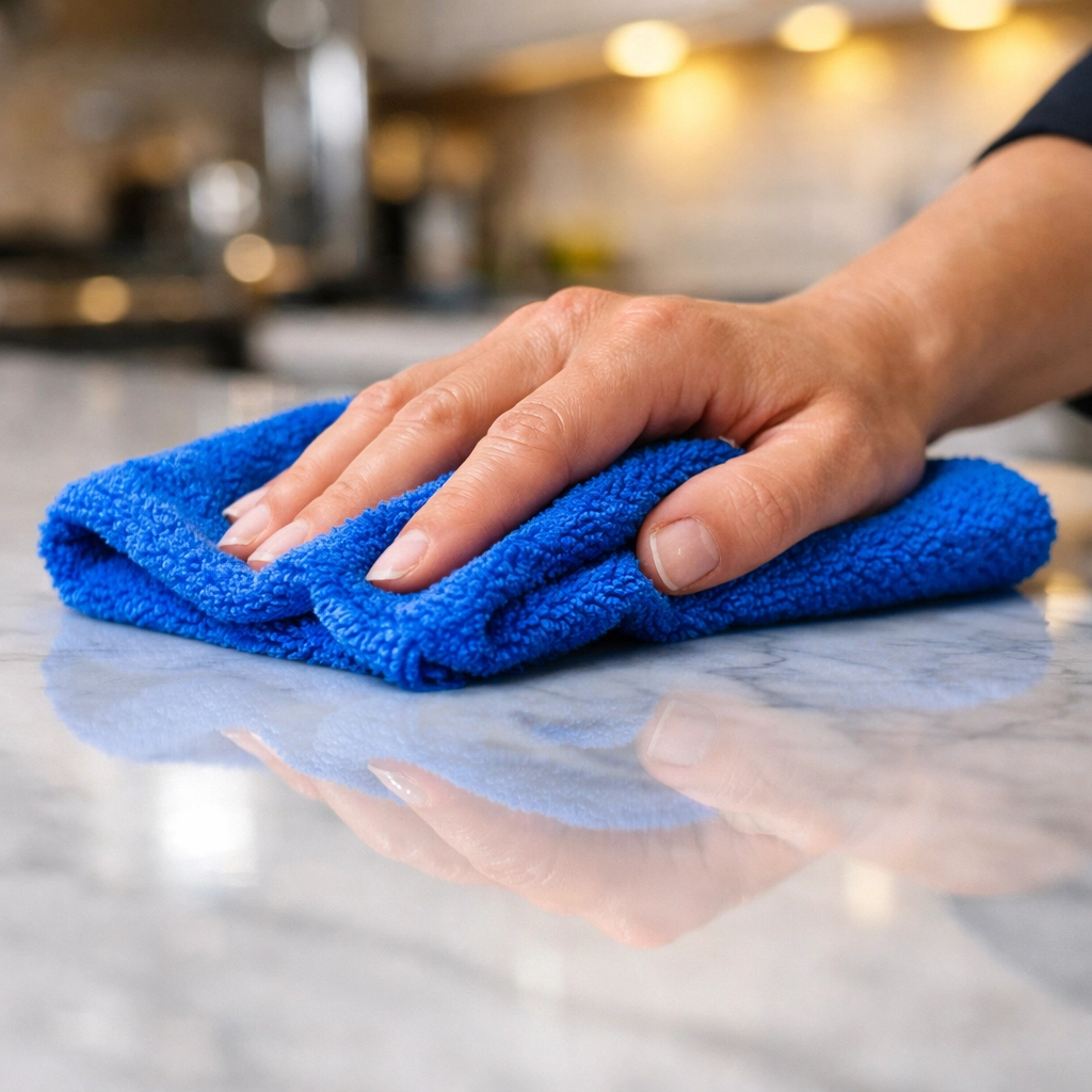 Professional hand polishing a marble kitchen countertop in a home receiving weekly house cleaning.