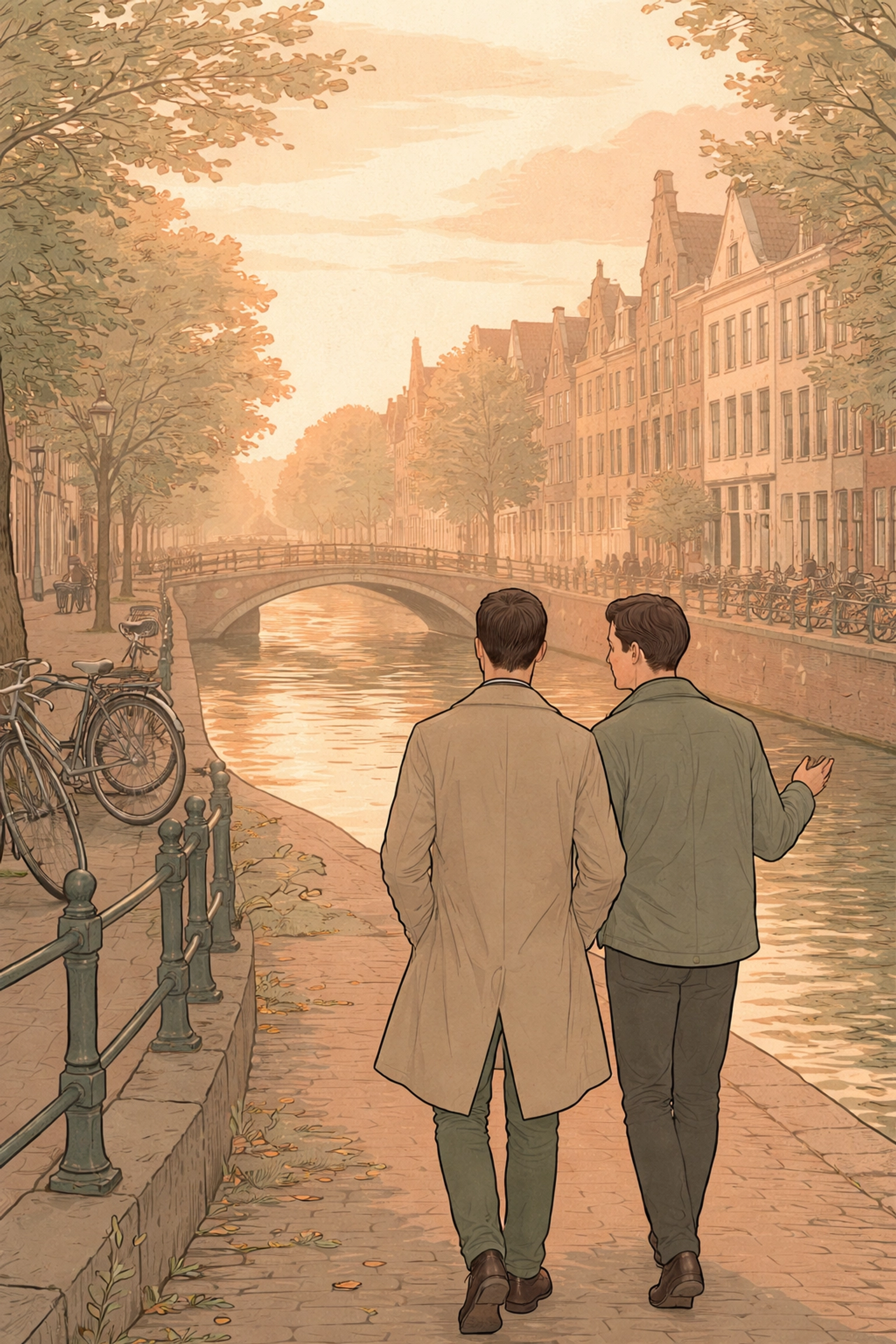 Two men walk closely together along a peaceful Rotterdam canal at sunset, illustrating healing, hope, and a new beginning in an MM spy romance.