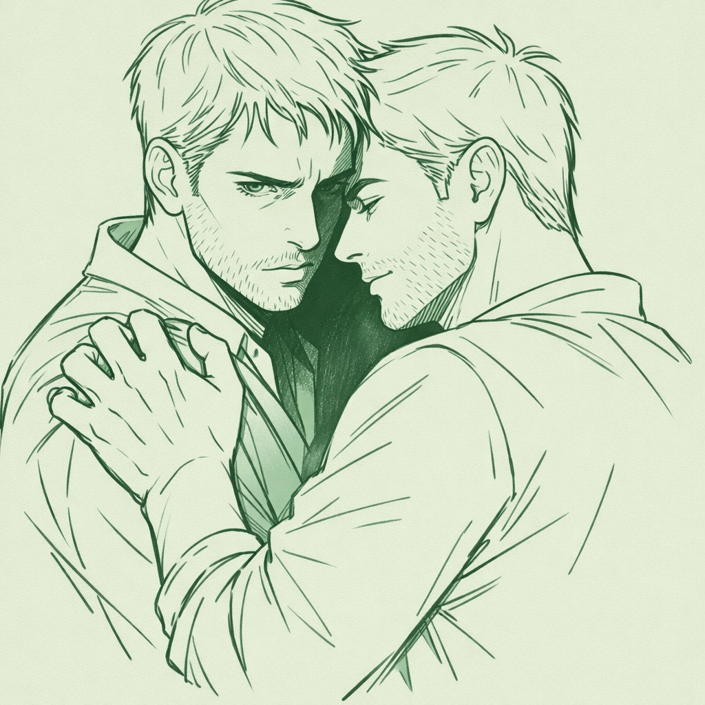 Tense MM couple embrace depicting possessive jealousy in high-angst gay fiction.