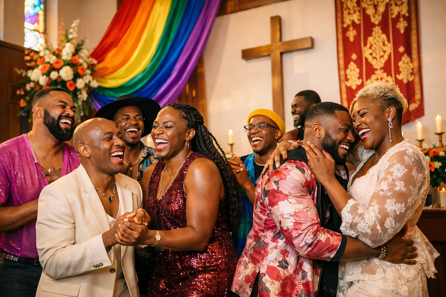 Joyful Black LGBTQ+ community members celebrating faith and identity in a modern affirming church.