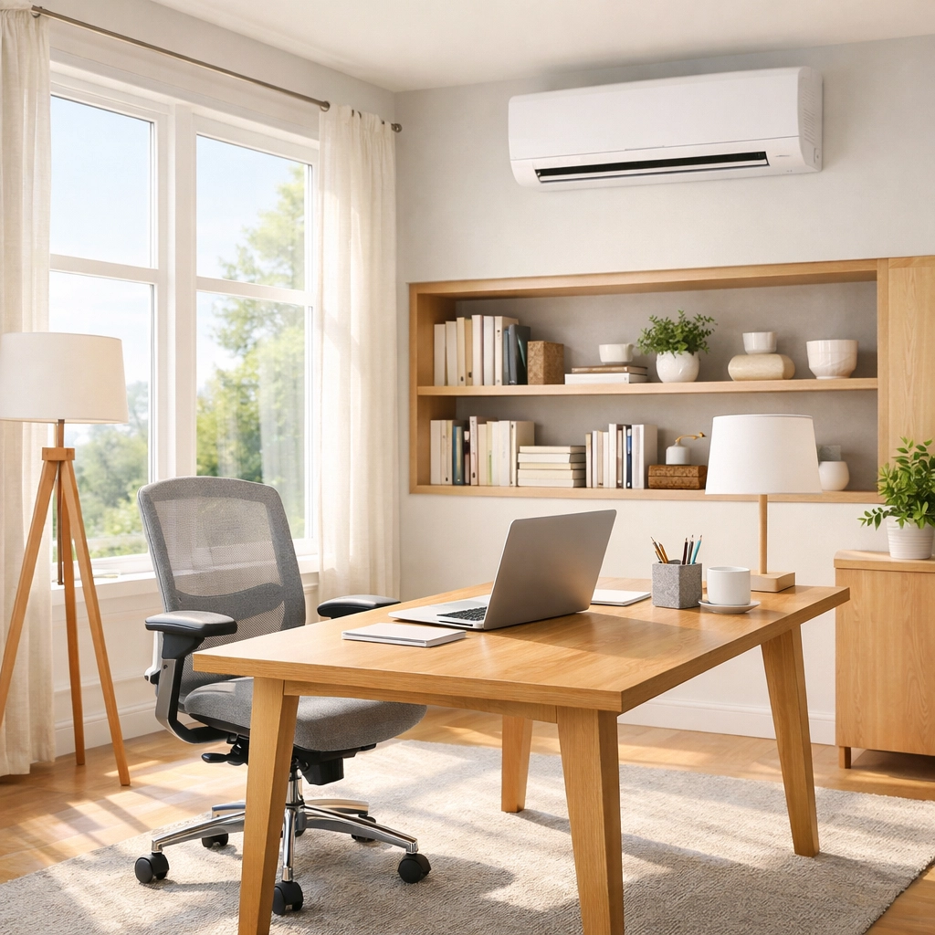 Energy-efficient mini-split system providing climate control in a modern, sun-drenched home office.