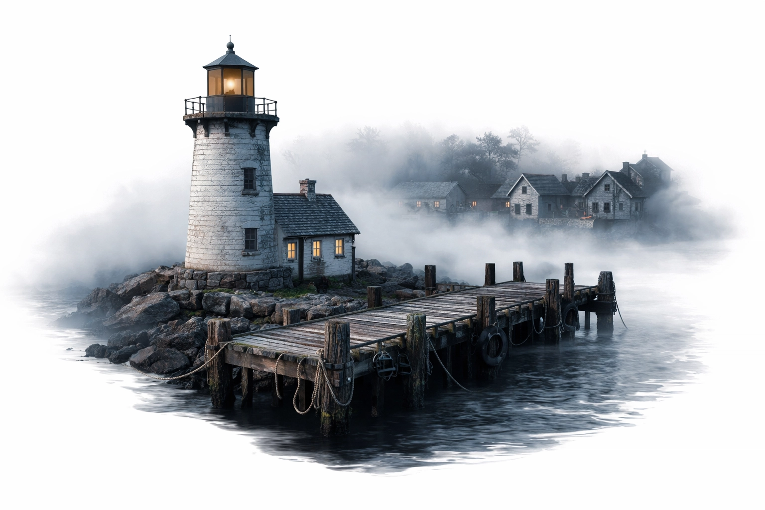 Foggy beachside town with lighthouse and pier illustrates coastal mystery isolation theme