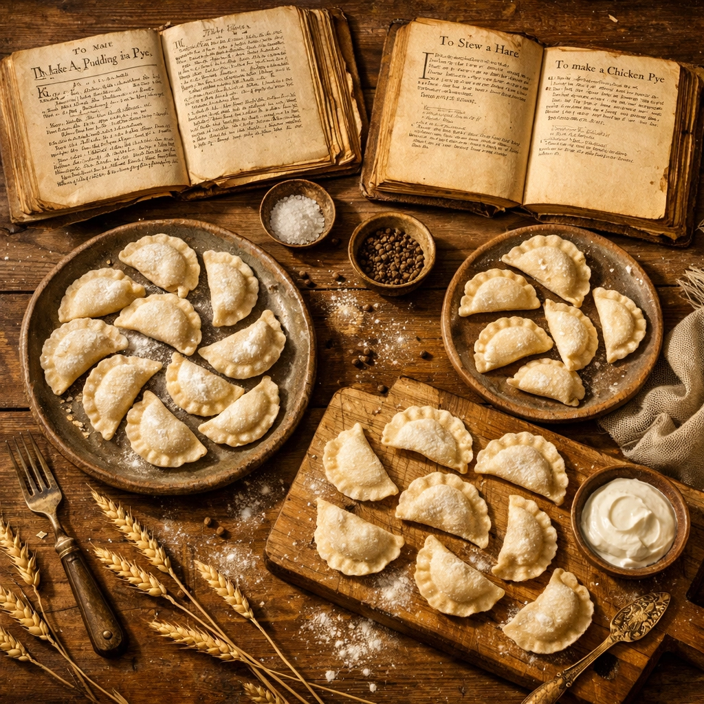 Stare polskie książki kucharskie z XVII wieku z tradycyjnymi pierogami na drewnianym stole