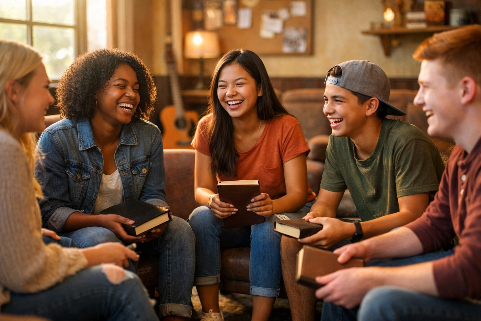 Christian teens connecting in youth group building real faith-based community and friendships