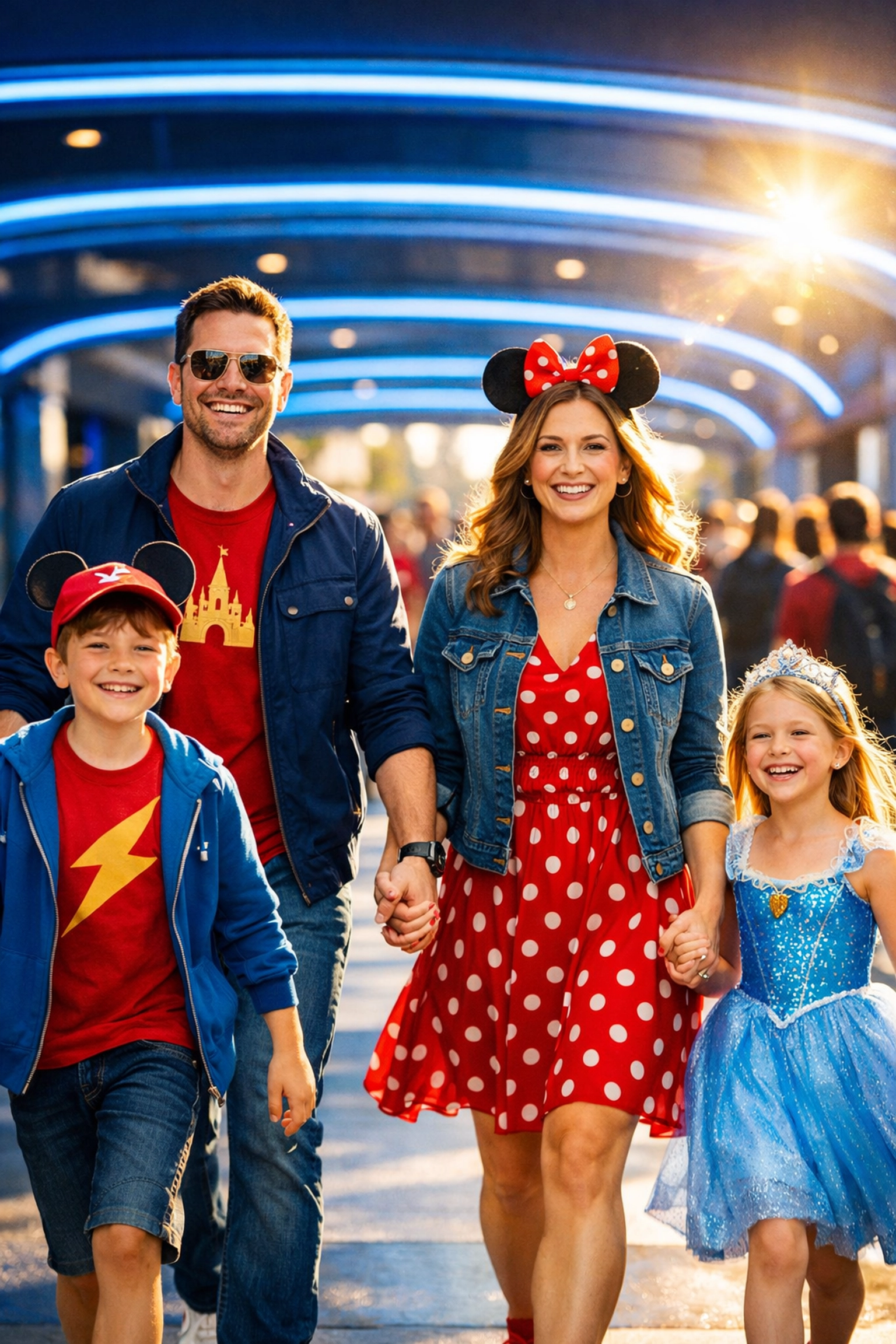 A happy family skips the long lines at a Disney theme park entrance using a Premier Pass.