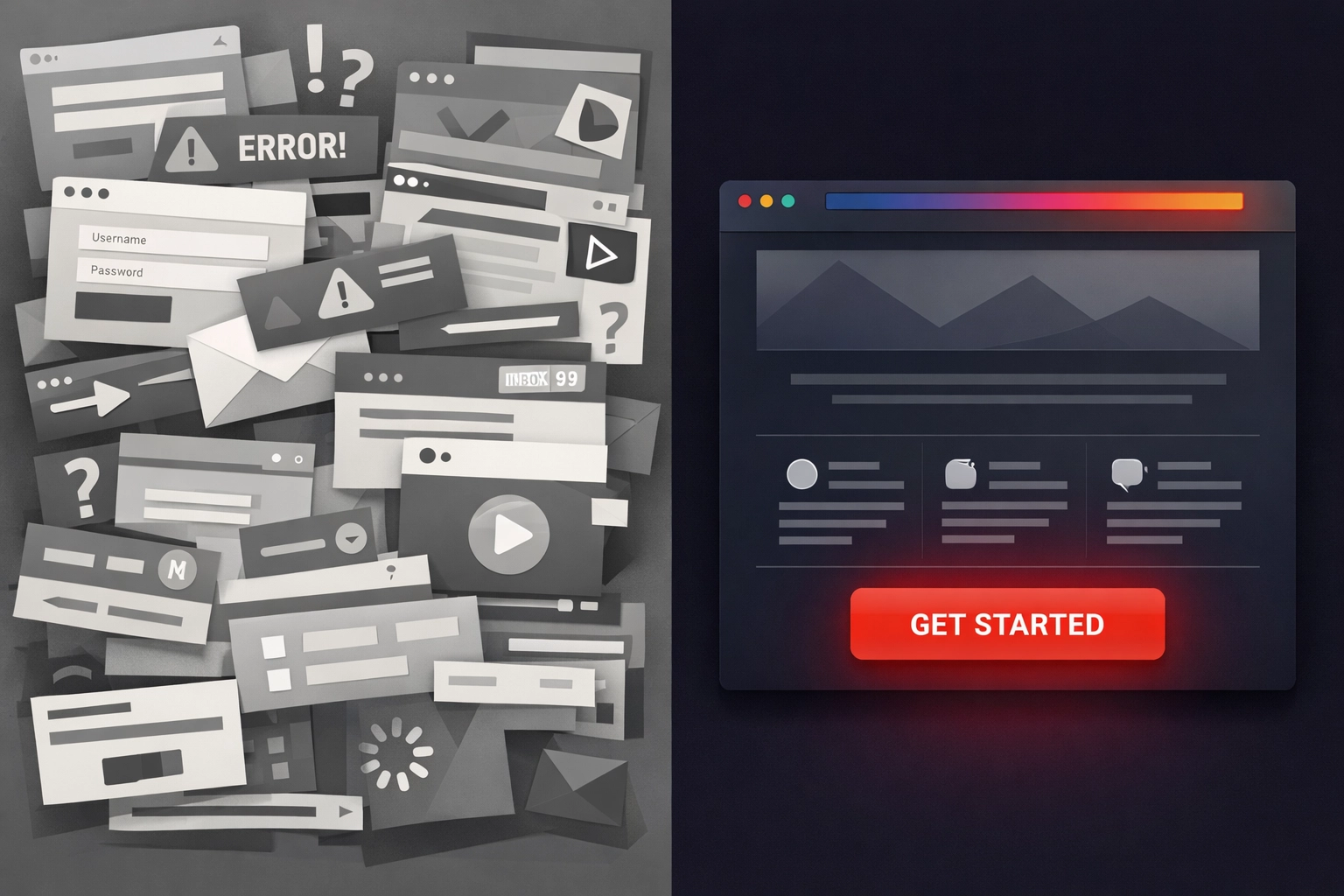 Comparison of cluttered versus clean website design showing impact on Bristol business conversions