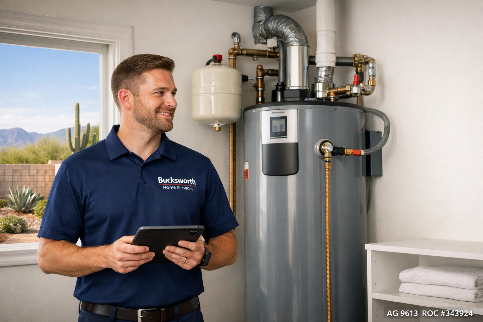 Bucksworth Home Services technician inspecting a high-efficiency water heater in a Tucson home.