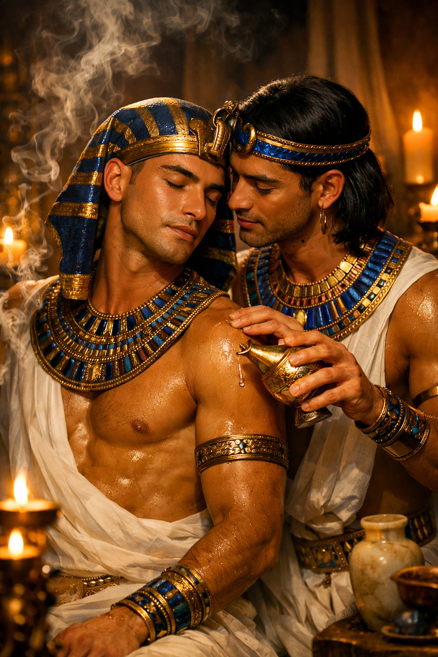 Egyptian high priest anointing pharaoh in sacred ritual - intimate MM romance spiritual connection