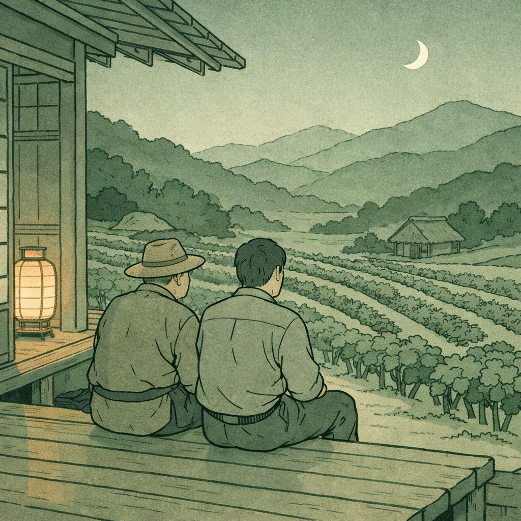 Two men share quiet moment on farmhouse porch in Japanese mountain village romance