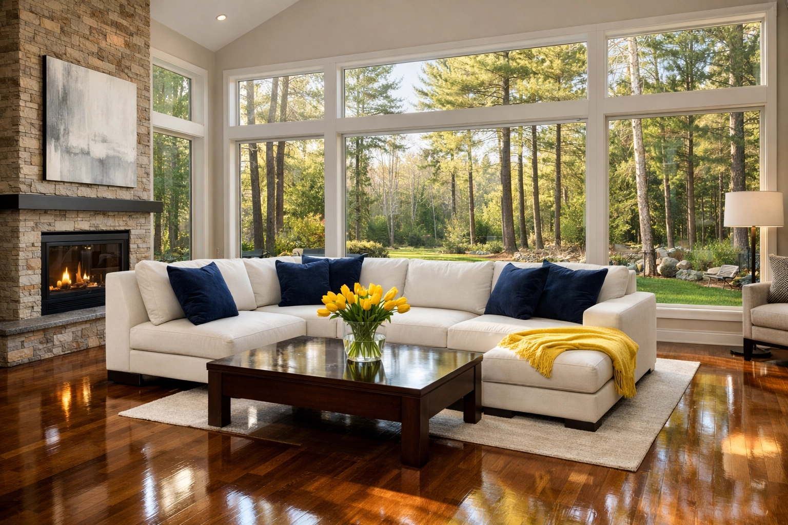 Sun-drenched luxury living room with clean hardwood floors after expert house cleaning Ashby MA.