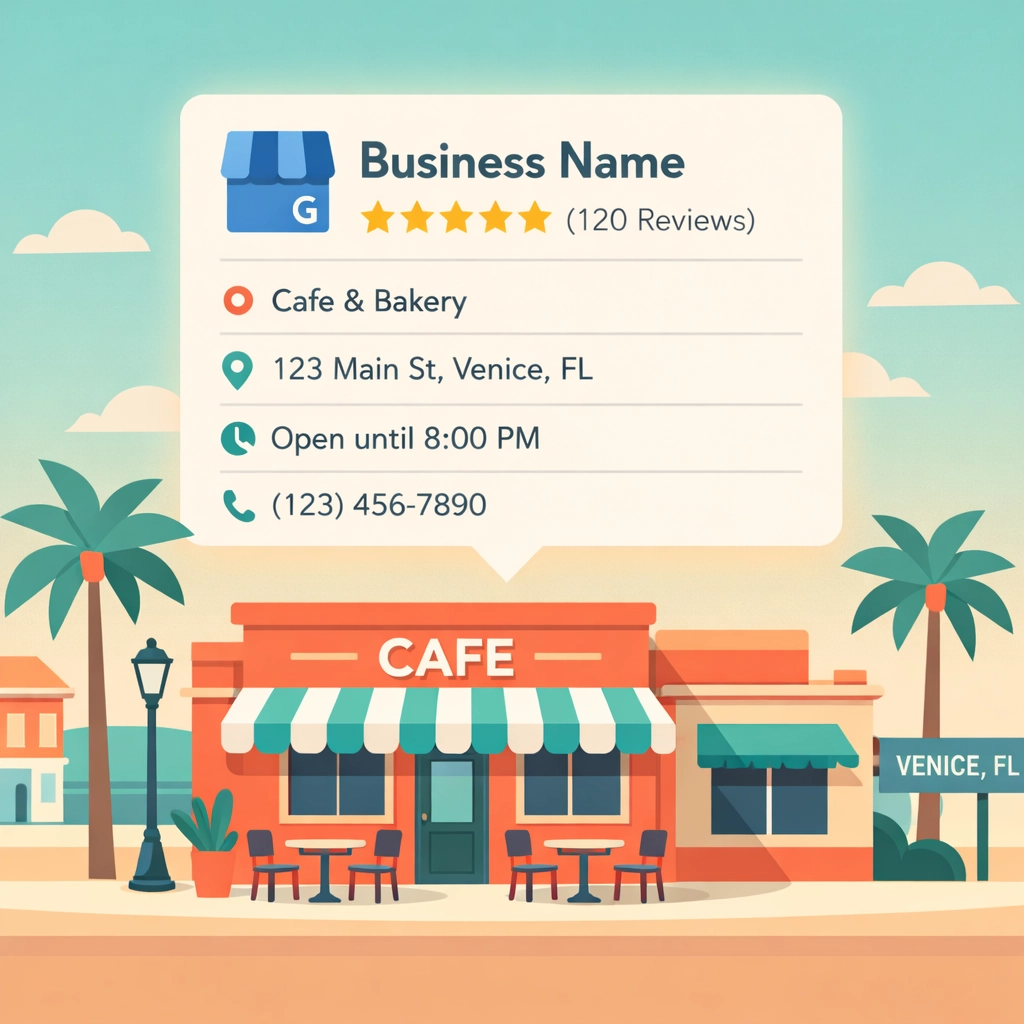 Venice Florida café storefront with optimized Google Business Profile and customer reviews