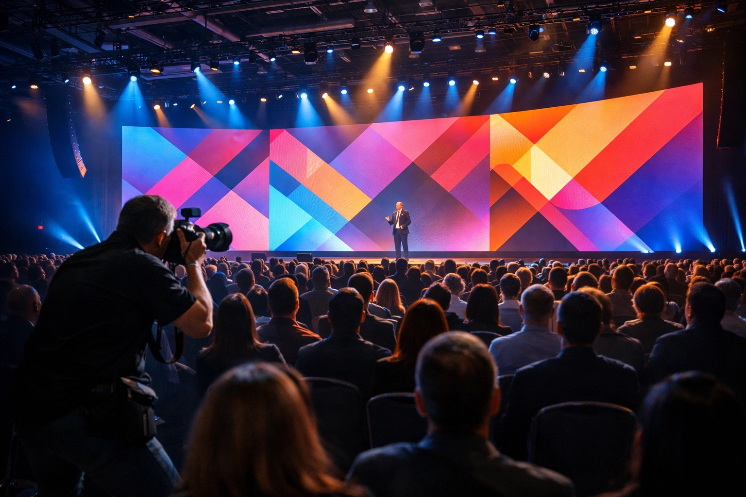 A professional Miami event photographer capturing a corporate keynote at a large modern conference center.