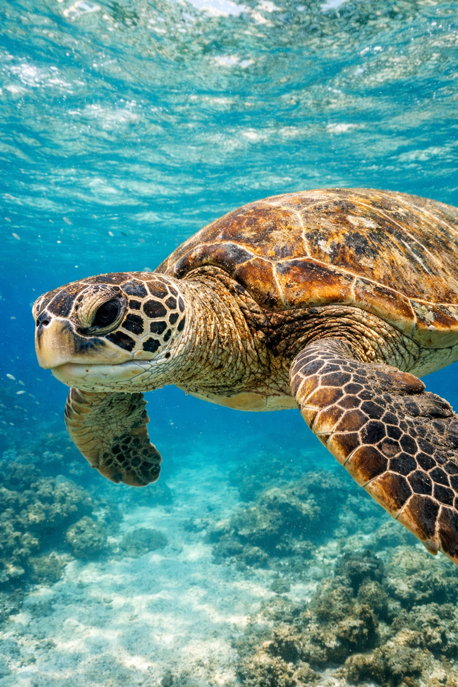 Close-up of a sea turtle swimming in turquoise water, representing authentic marine wildlife stock photography.