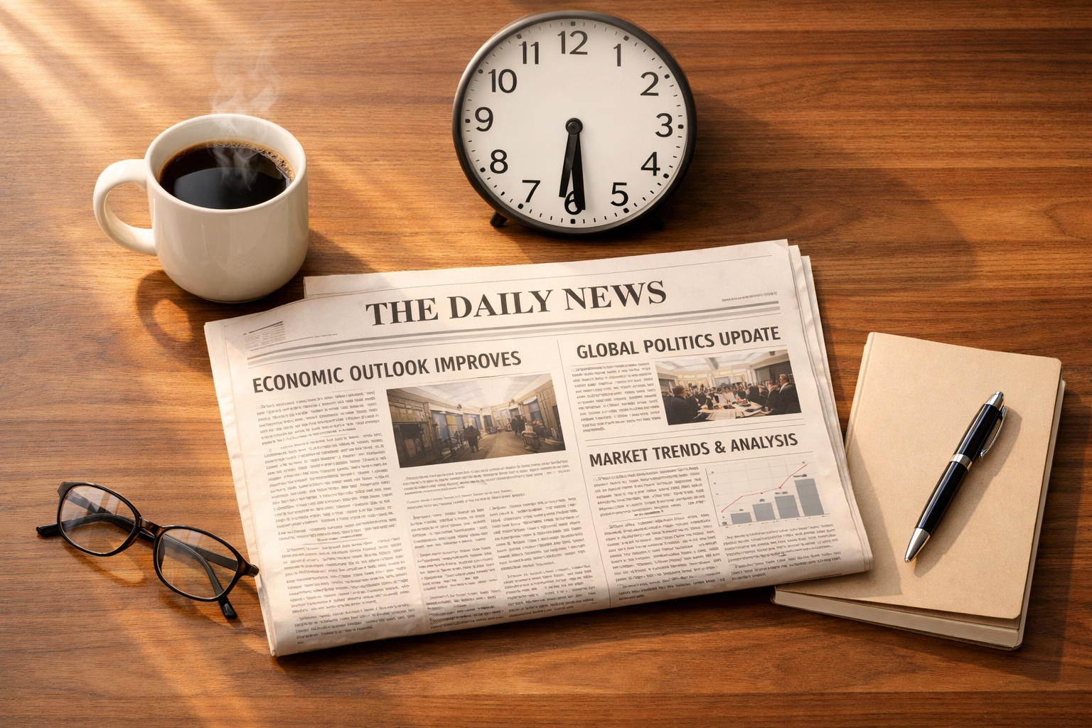Morning news reading setup with newspaper, coffee, and clock showing organized 45-minute routine