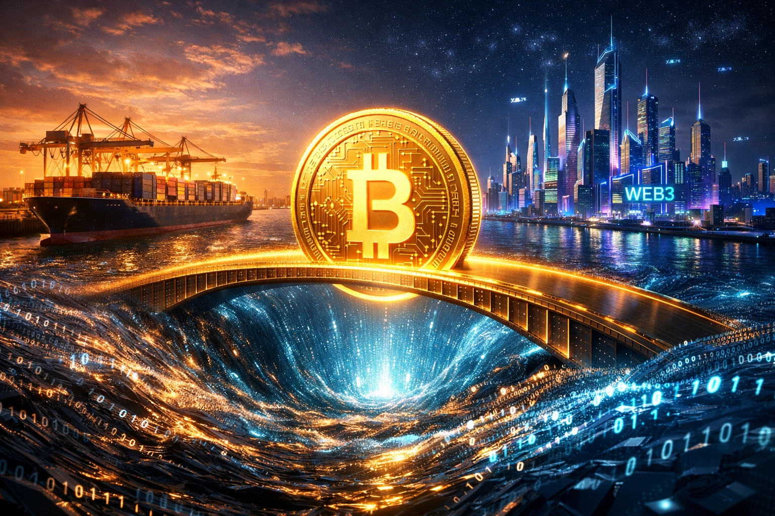 A radiant digital coin bridging traditional global trade ports with a futuristic Web3 payment ecosystem.