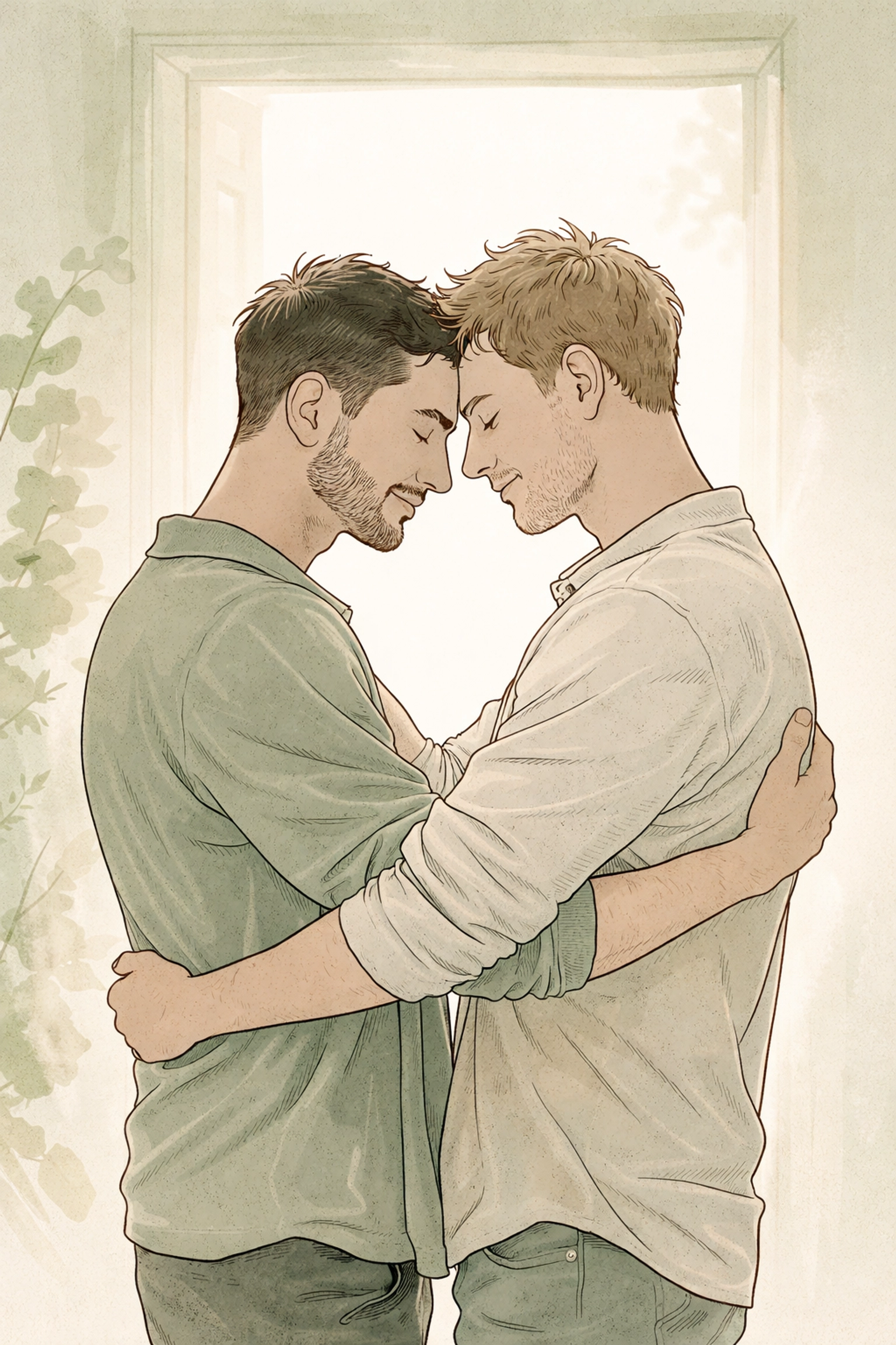 Embracing MM couple in a soft-lit doorway, representing acceptance, authentic love, and self-discovery in gay fiction.