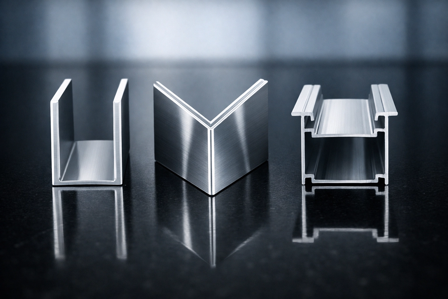 Différents modèles de profilés LED en aluminium : formes en U, en V et profilés encastrés de précision.