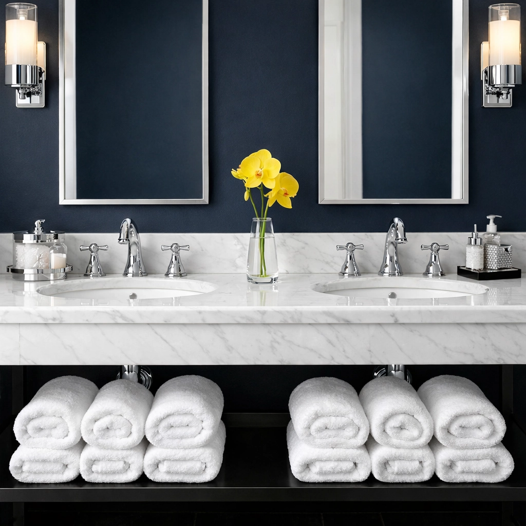 A meticulously cleaned luxury bathroom vanity reflecting high standards of house cleaning in Weston.