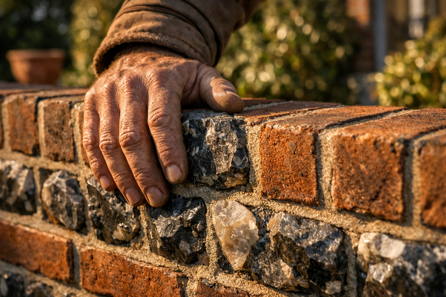 High-quality flint and brick masonry demonstrating guaranteed workmanship on a West Sussex home extension.